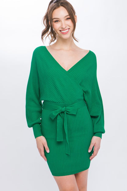 Off Shoulder Wrap Belted Ribbed Knit Dress