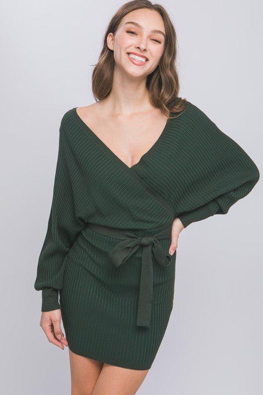 Off Shoulder Wrap Belted Ribbed Knit Dress