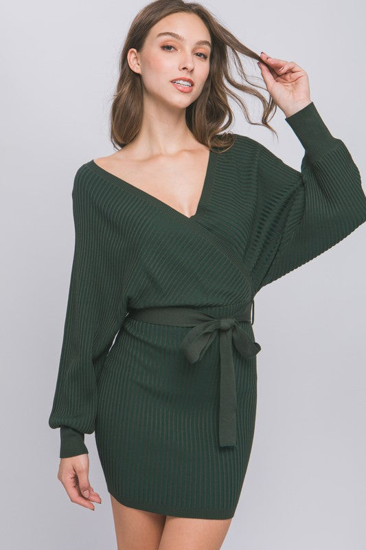 Off Shoulder Wrap Belted Ribbed Knit Dress