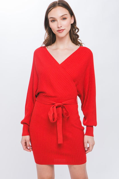 Off Shoulder Wrap Belted Ribbed Knit Dress