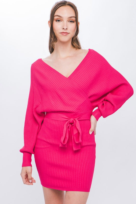 Off Shoulder Wrap Belted Ribbed Knit Dress