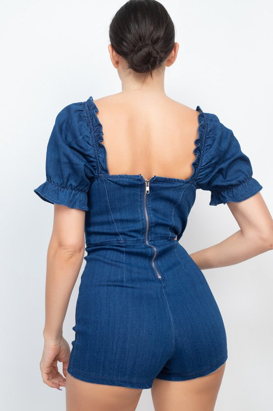 Ruffled Back Zip Denim Romper