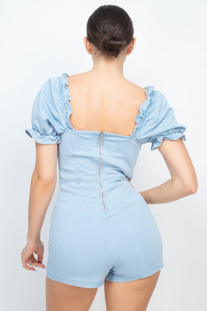 Ruffled Back Zip Denim Romper