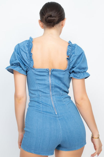 Ruffled Back Zip Denim Romper