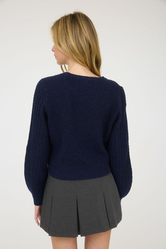 CABLE KNIT FRONT VELVET BOW DETAIL KNIT SWEATER