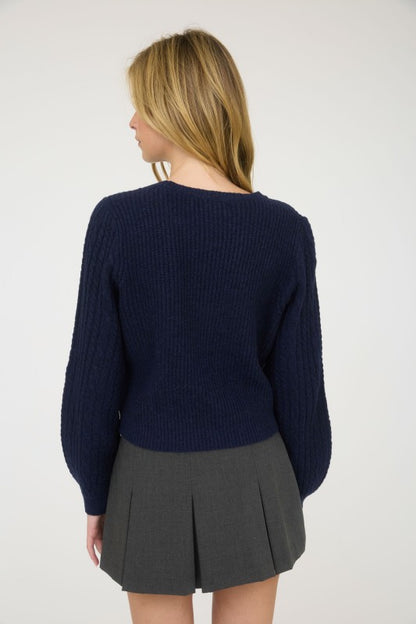 CABLE KNIT FRONT VELVET BOW DETAIL KNIT SWEATER