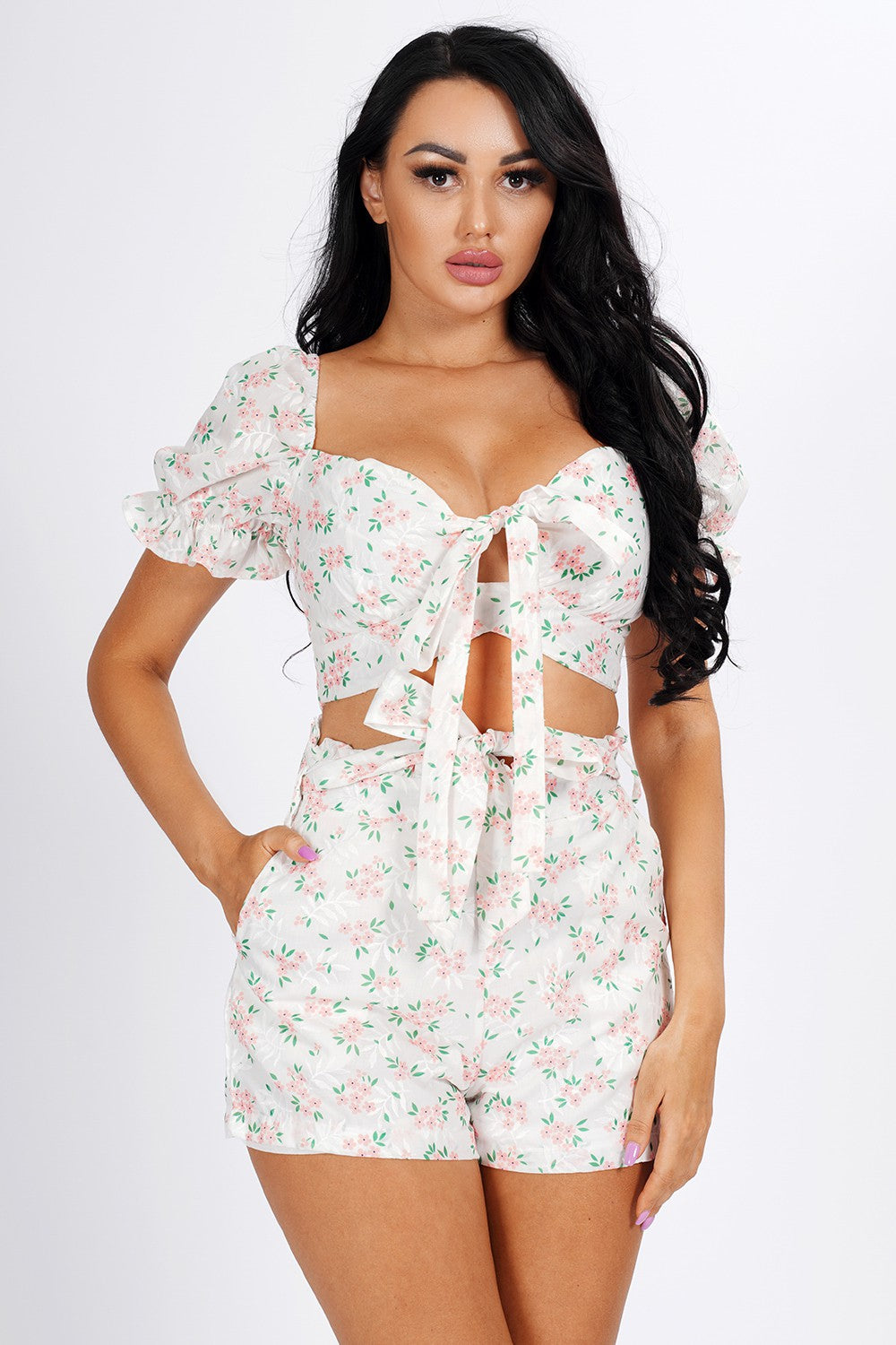 OPEN SHOULDER PRINTED CROP TOP WITH SHORTS SET