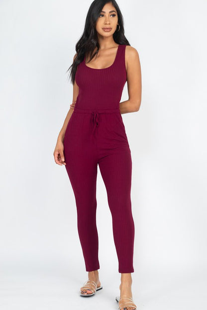 Ribbed Sleeveless Drawstring catsuits Jumpsuit