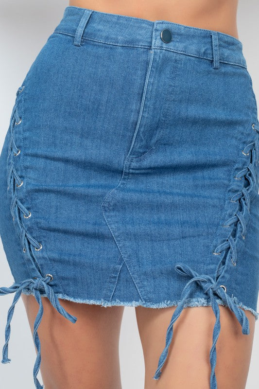 LACE-UP MINI DENIM SKIRT