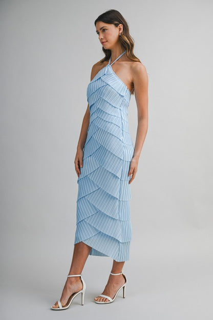 PLEATED HALTER LAYERED DIAGONAL RUFFLE MIDI DRESS