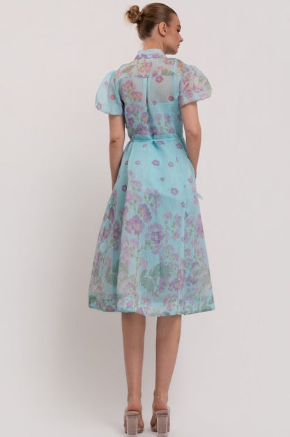 SHORT SLEEVES BUTTON DOWN FLORAL MIDI DRESS