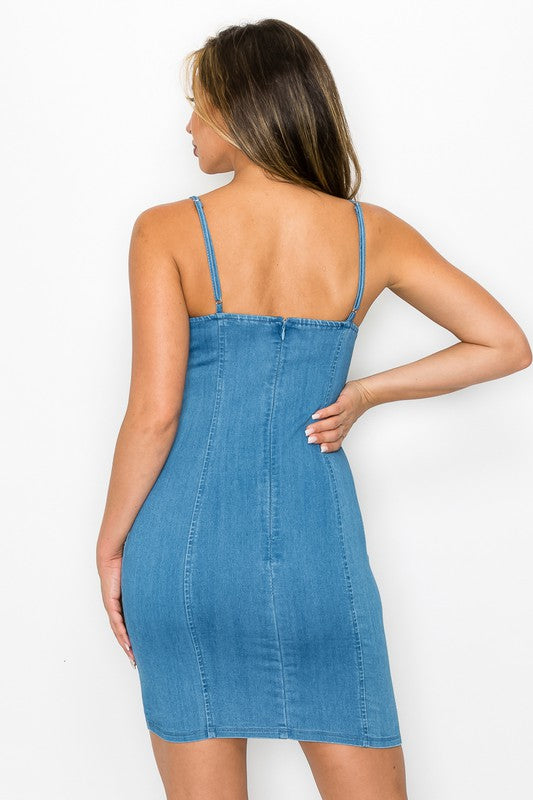 RUFFLED TRIM CUTOUT DENIM DRESS