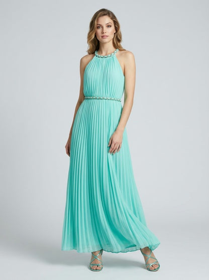 SOLID SLEEVELESS CHAIN HALTER NECK W CHAIN BELT PLEATED MAXI DRESS