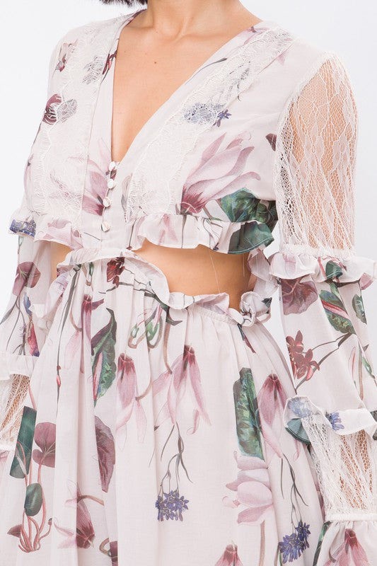 FLORAL PRINT LONG SLV SIDE WAIST OPEN ROMPER