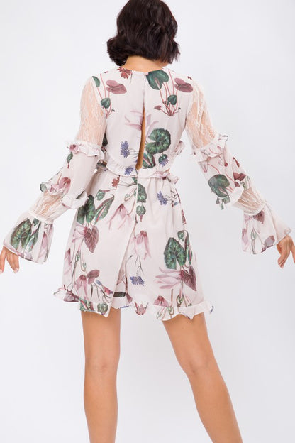 FLORAL PRINT LONG SLV SIDE WAIST OPEN ROMPER