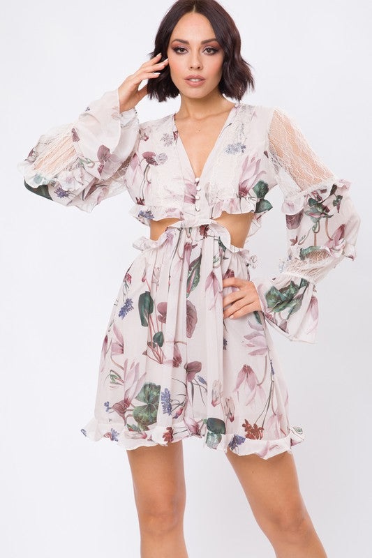 FLORAL PRINT LONG SLV SIDE WAIST OPEN ROMPER