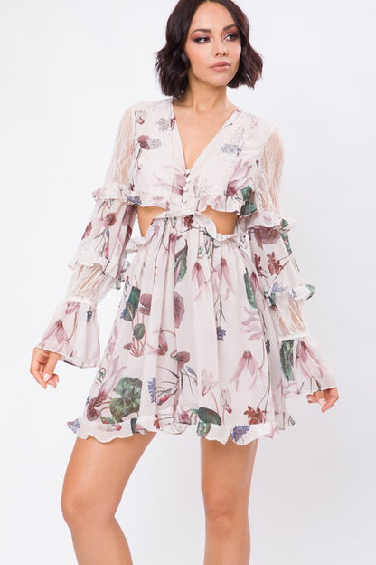 FLORAL PRINT LONG SLV SIDE WAIST OPEN ROMPER