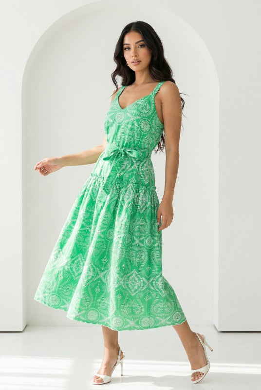 BELTED EMBROIDERED MIDI DRESS