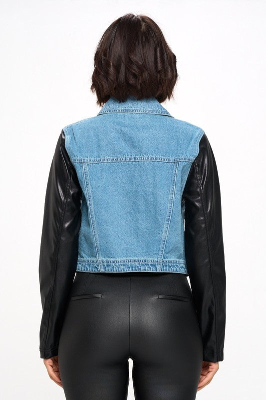 DENIM JACKET W/ PU SLEEVES