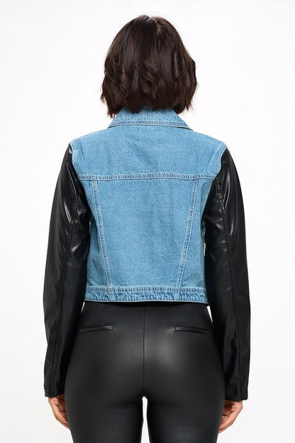 DENIM JACKET W/ PU SLEEVES