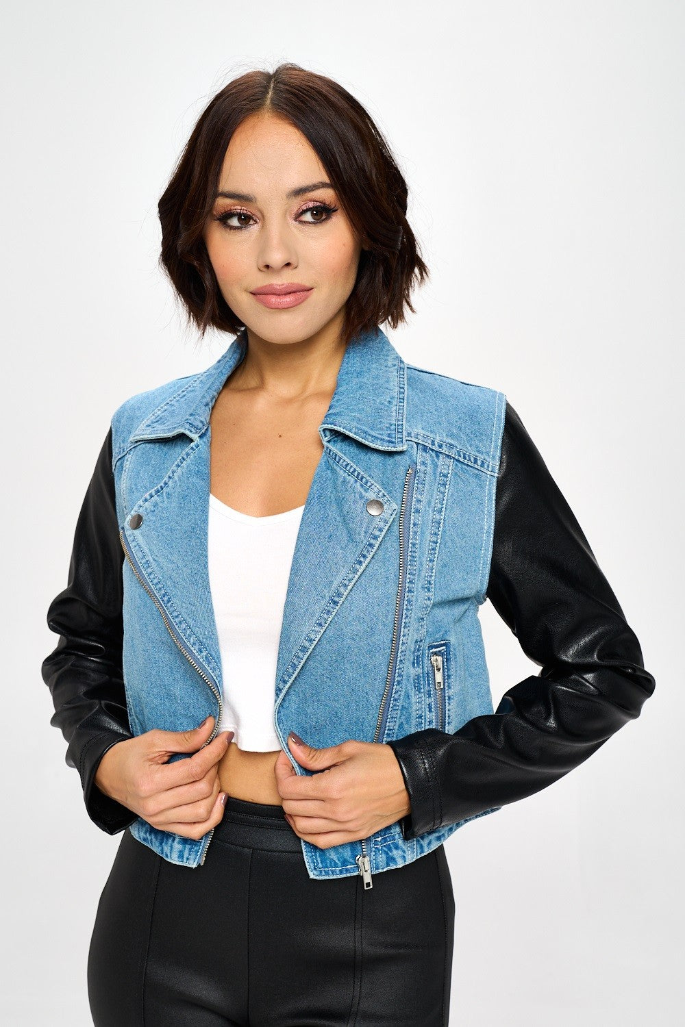 DENIM JACKET W/ PU SLEEVES