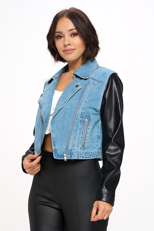 DENIM JACKET W/ PU SLEEVES