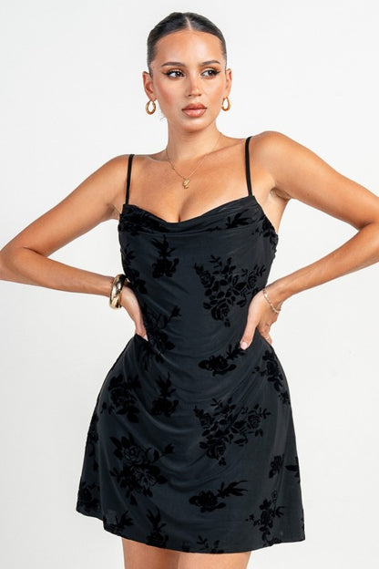 BUSTIER COWL NECK SPGT STRAP FLARE MINI DRESS