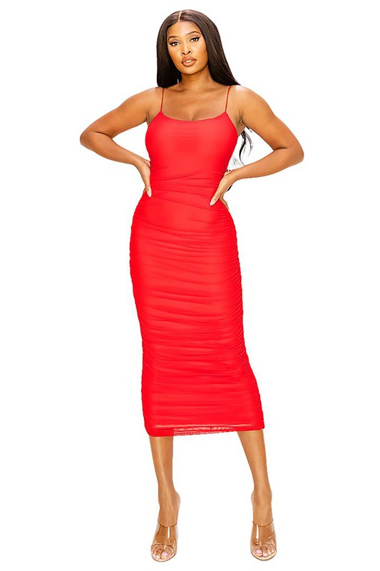 SOLID MESH SLEEVELESS SIDE CINCH DRESS