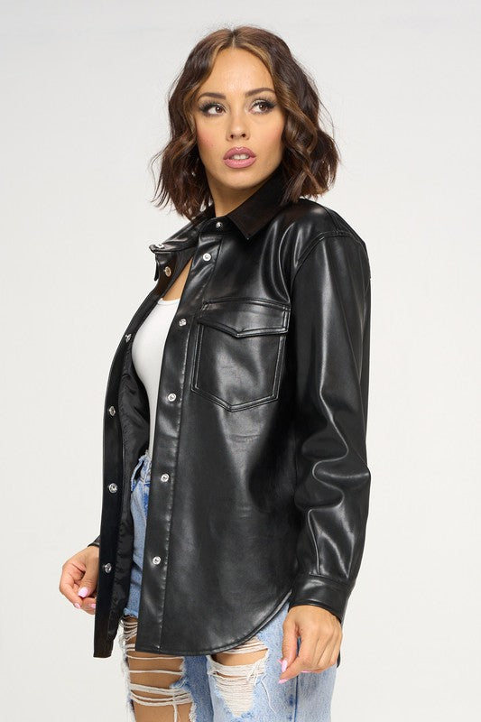 PU BUTTON DOWN FAUX LEATHER SHIRT