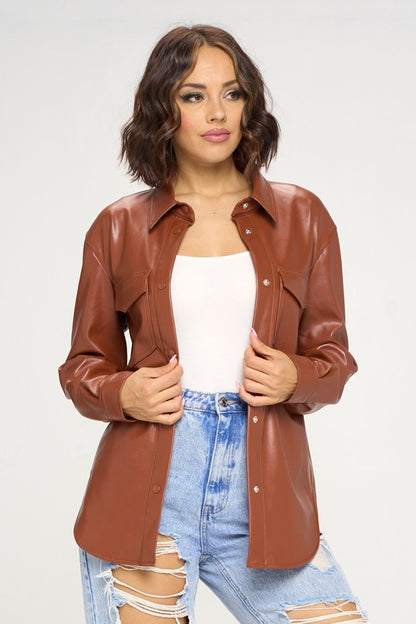 PU BUTTON DOWN FAUX LEATHER SHIRT