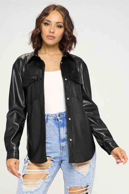 PU BUTTON DOWN FAUX LEATHER SHIRT