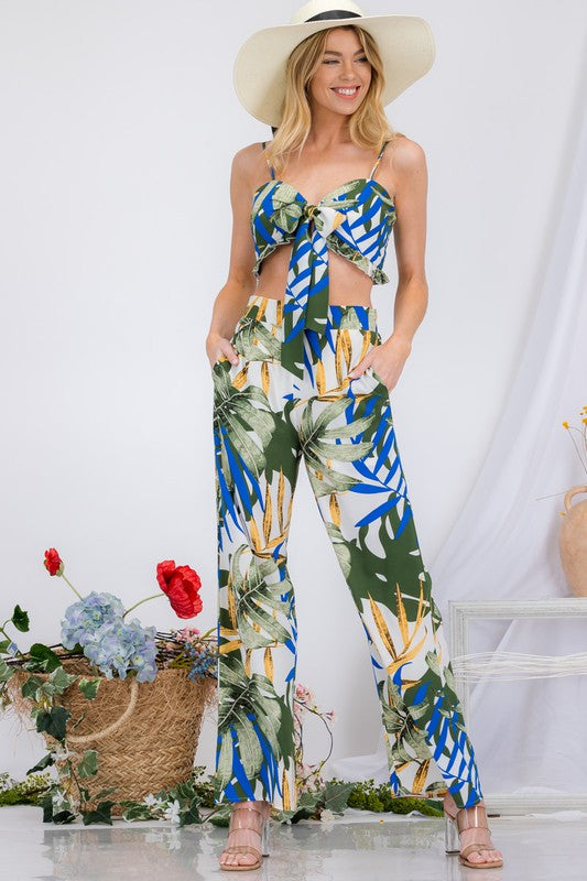 TIE FRONT TUBE PRINTED TOP & WIDE PANTS SET