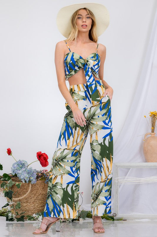 TIE FRONT TUBE PRINTED TOP & WIDE PANTS SET