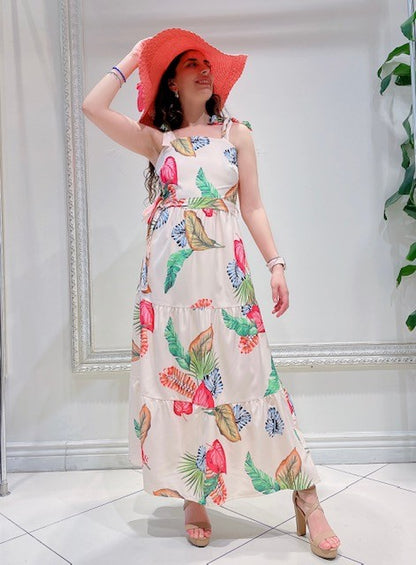 Tie Strap Long Floral Dress With Tie Belt