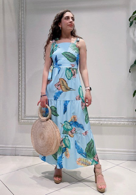 Tie Strap Long Floral Dress With Tie Belt