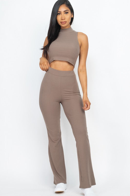 Sleeveless Ribbed Mock Neck & Pants Set