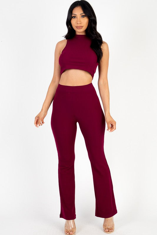 Sleeveless Ribbed Mock Neck & Pants Set