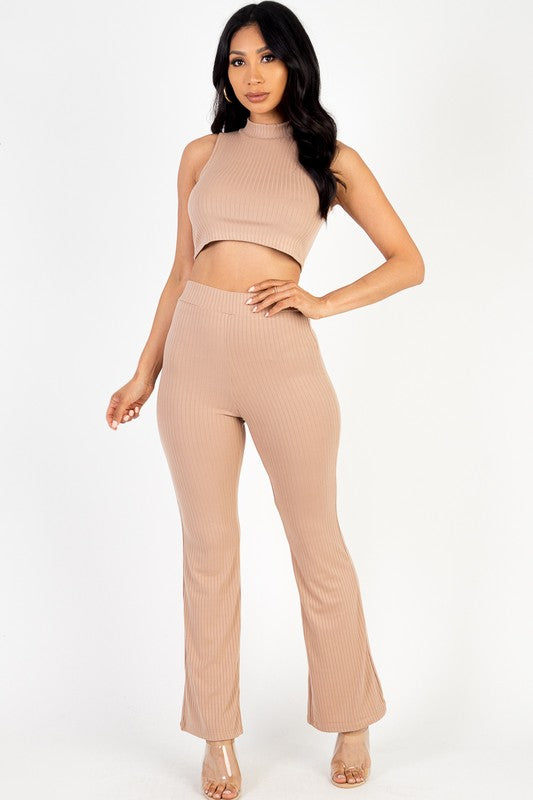 Sleeveless Ribbed Mock Neck & Pants Set