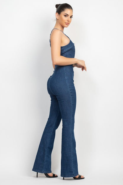 CUT-OUT FLARED DENIM JUMPSUIT