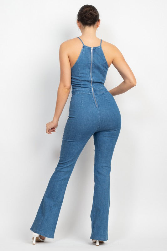 CUT-OUT FLARED DENIM JUMPSUIT