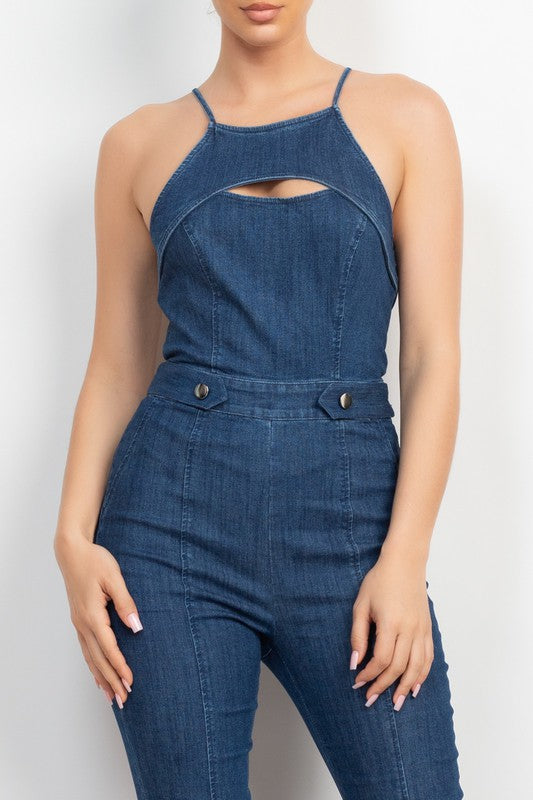 CUT-OUT FLARED DENIM JUMPSUIT