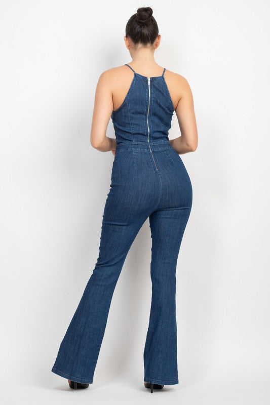 CUT-OUT FLARED DENIM JUMPSUIT