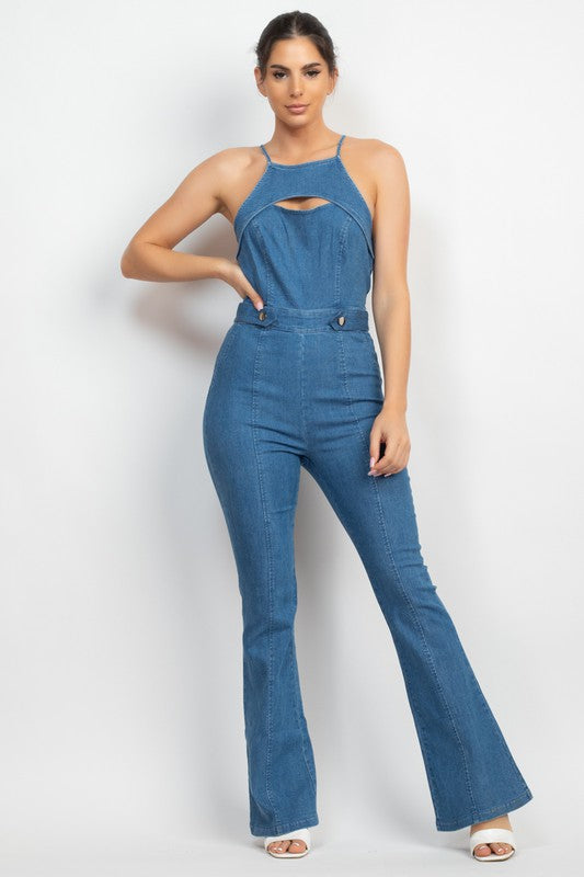 CUT-OUT FLARED DENIM JUMPSUIT