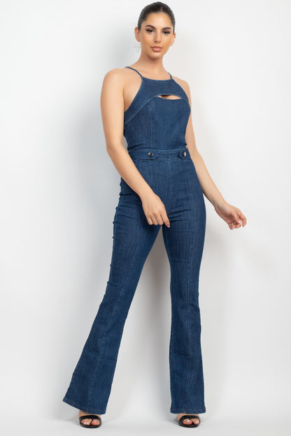 CUT-OUT FLARED DENIM JUMPSUIT