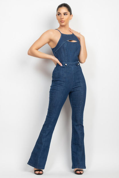 CUT-OUT FLARED DENIM JUMPSUIT