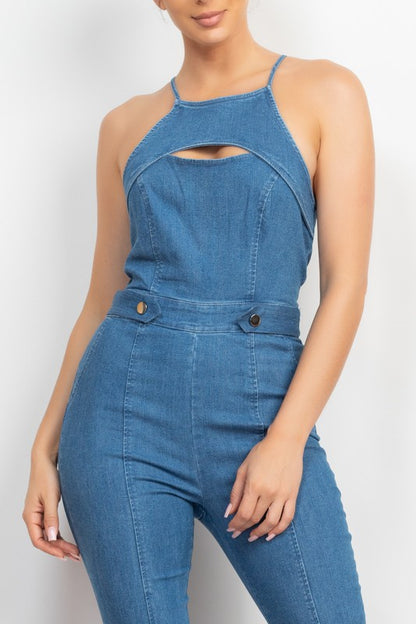 CUT-OUT FLARED DENIM JUMPSUIT