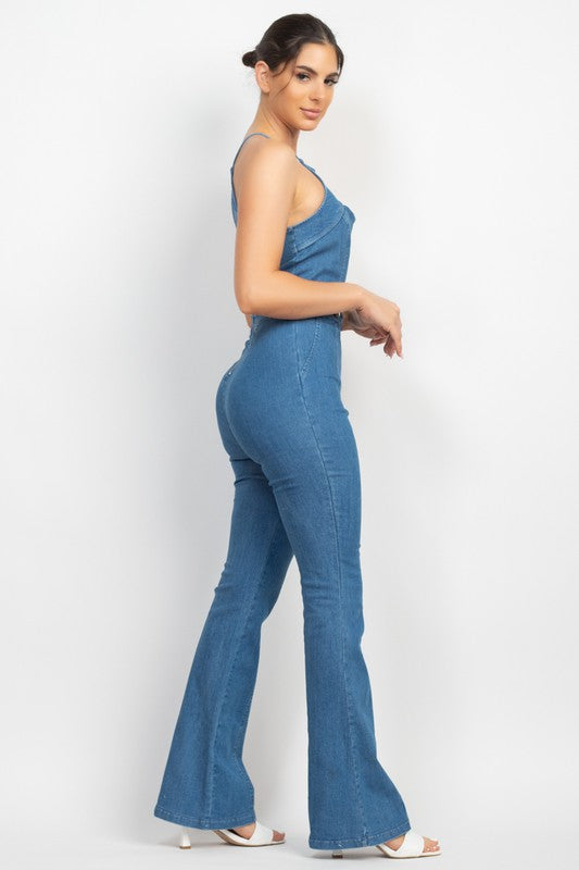 CUT-OUT FLARED DENIM JUMPSUIT