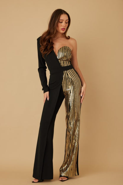 ONE SHOULDER OVERLAP SEQUINS JUMPSUIT
