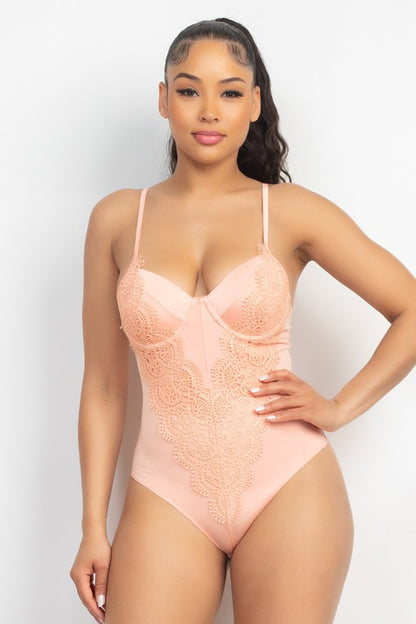 SATIN PADDED BRA LACE TRIM BODYSUIT