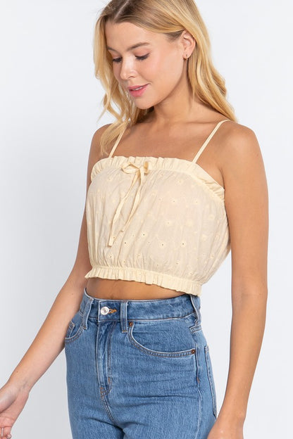 FRONT TIE DETAIL EYELET CROP CAMI WOVEN TOP